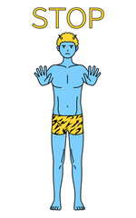 ストップの合図、体の前に手を突き出すトラ柄パンツをはいた青鬼の男性、伝統行事、節分