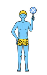 不正解を示すバツの棒を持つトラ柄パンツをはいた青鬼の男性、伝統行事、節分