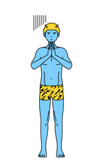 体の前で手を合わせて謝るトラ柄パンツをはいた青鬼の男性、伝統行事、節分