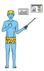 DX化のイメージ、業績グラフを分析するすトラ柄パンツをはいた青鬼の男性、伝統行事、節分