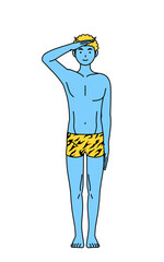 軍隊式敬礼するトラ柄パンツをはいた青鬼の男性、伝統行事、節分