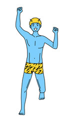 笑顔でジャンプするトラ柄パンツをはいた青鬼の男性、伝統行事、節分