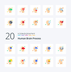 20 Human Brain Process Flat Color icon Pack. like eye view. mind. human. human. mind