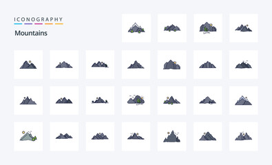 25 Mountains Line Filled Style icon pack. Vector iconography illustration