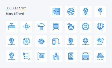 25 Maps & Travel Blue icon pack. Vector icons illustration