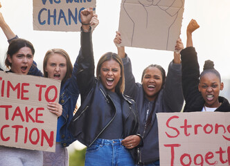 Protest, poster and angry diversity women rally for equality, human rights support or racism....