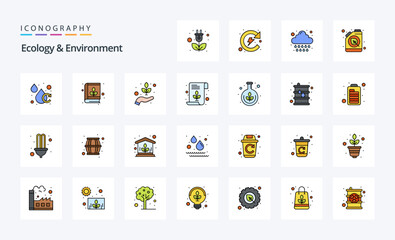 25 Ecology And Environment Line Filled Style icon pack. Vector iconography illustration