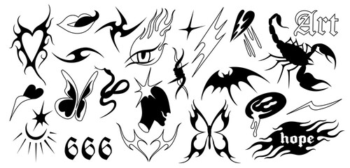 Vector set of Y2k icons or stickers. Brutalist design tattoo compositions or prints. Psychedelic style.