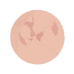 A girl and a cat look at each other touching their noses in the style of a pink sketch