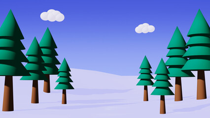 Pine tree forest in winter season with snow on the ground and some clouds design in low poly style, Christmas 3D Illustration