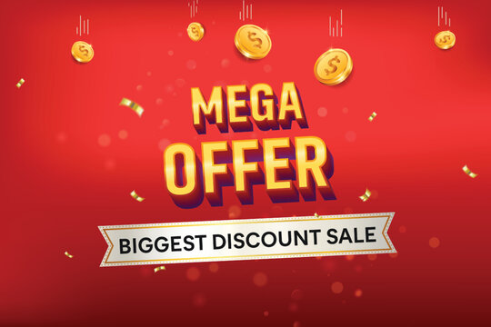 Mega Offer Sale 3D text on red background Big Sale. Raining gold credit coins. Biggest discount sale credit concept.