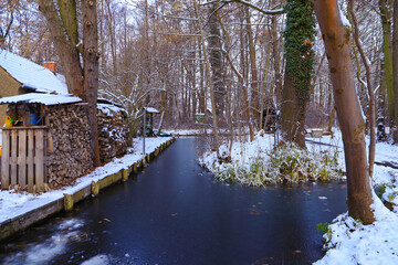 A frozen flow in Lehde in winter, Spree Forest - Germany