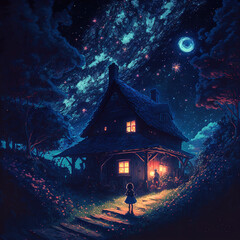 surrealist anime illustrated, starry night, art illustration