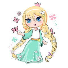 Cute cartoon anime princess girl with butterflies. Vector illustration print for children t-shirt on white background