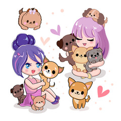 Cute collection with cartoon girls  in anime style with dogs. Kawaii style. Vector illustration t-shirt print