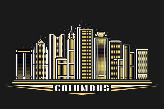 Vector illustration of Columbus, dark horizontal poster with linear design famous columbus city scape on dusk sky background, american urban line art concept with decorative letters for text columbus
