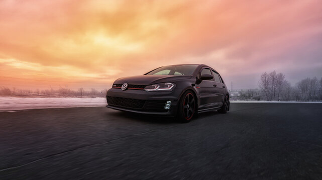 Helsinki, Finland - December 15, 2022 Volkswagen Golf Mk7 GTI at sunset in winter