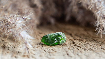 Green Chrome Diopside Mineral Stone on Wood