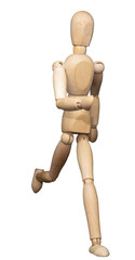 Articulated wooden artist’s model posed as if running