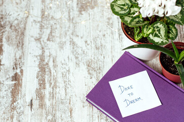 Flat lay with mood phase diary, house plants and dare to dream post it message