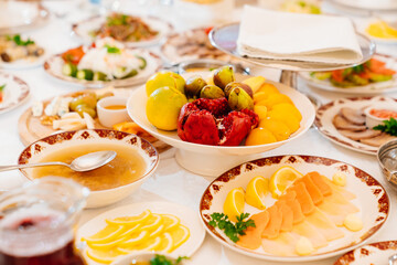 table served with snacks for the banquet. traditional Russian cuisine. 