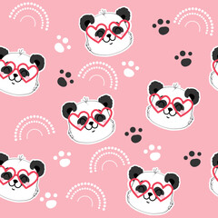 Cute baby pandas in kawaii doodle style. Vector cartoon illustration seamless pattern on a pink background
