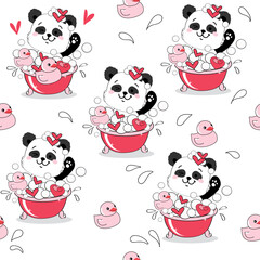 Cartoon panda taking a bath with a duck and heart on a white background seamless pattern. Vector cartoon illustration in kawaii style