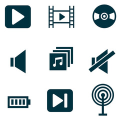 Music icons set with vinyl, sound off, broadcast and other pause elements. Isolated jpg illustration music icons.