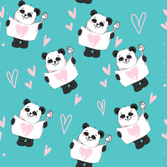 Cartoon panda with heart on a blue background seamless pattern. Vector cartoon illustration in kawaii style. Birthday and Valentines day