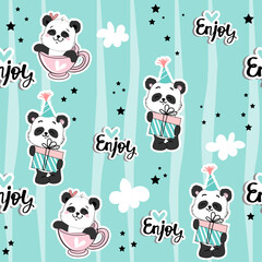 Cute baby panda and gift boxes in kawaii doodle style. Happy Birthday concept. Vector cartoon illustration seamless pattern on a blue background