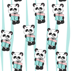 Cute baby panda and gift boxes in kawaii doodle style. Happy Birthday concept. Vector cartoon illustration seamless pattern