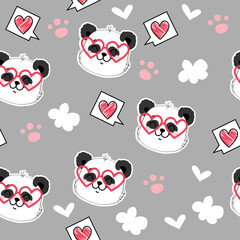 Cute baby panda and hearts in kawaii doodle style. Seamless pattern for Valentine's Day. Vector cartoon illustration
