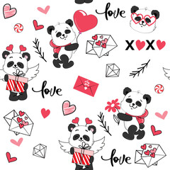 Cute baby pandas and hearts in kawaii doodle style for. Valentine's Day. Vector cartoon illustration seamless pattern