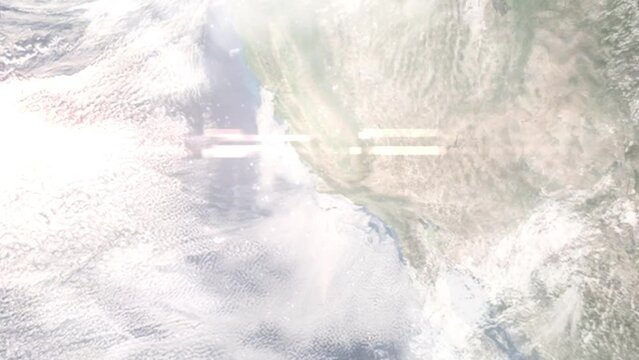Earth zoom in from outer space to city. Zooming on Santa Maria, California, USA. The animation continues by zoom out through clouds and atmosphere into space. Images from NASA