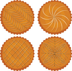 Galette des Rois, epiphany king cake in French. Vector cake icons from above with spiral, rectangular, leaf and arrow pattern.