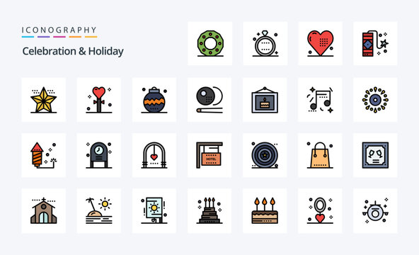 25 Celebration & Holiday Line Filled Style icon pack. Vector iconography illustration