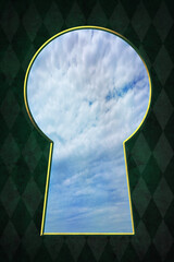 Golden keyhole frame with blue sky on green checkered background
