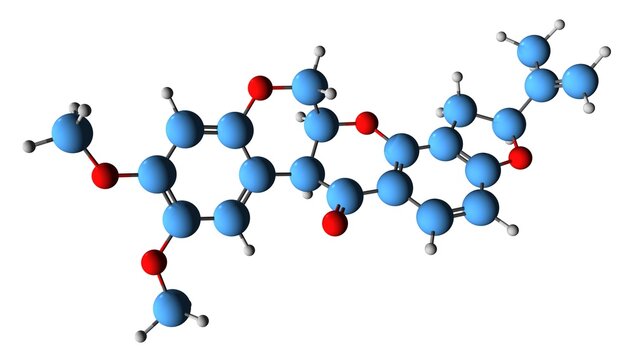  3D image of Rotenone skeletal formula - molecular chemical structure of broad-spectrum insecticide isolated on white background
