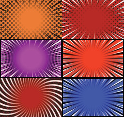 Comic book colorful frames background with rays. radial. halftone and dotted effects pop art style