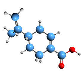 3D image of Perillic acid skeletal formula - molecular chemical structure of 4-Isopropenylcyclohex-1-enecarboxylic acid isolated on white background