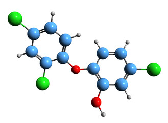 Obraz premium 3D image of Triclosan skeletal formula - molecular chemical structure of antibacterial and antifungal agent TCS isolated on white background 