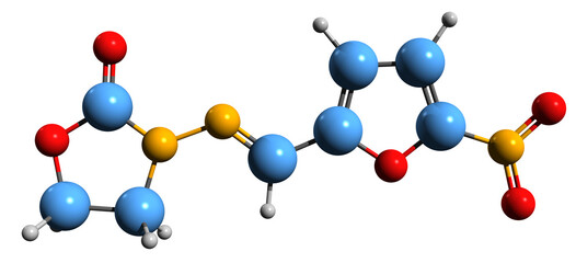  3D image of Furazolidone skeletal formula - molecular chemical structure of nitrofuran antibacterial agent  isolated on white background
