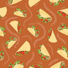 Seamless background and print pattern with mouthwatering Latin American food. Quesadilla and tacos in a flat style. Vector