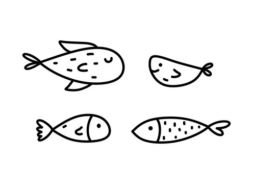 Set of cute fish isolated on white background. Vector hand-drawn illustration in doodle style. Perfect for decorations, logo, various designs.