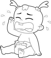 Outlined Cute Baby Girl Cartoon Character Crying. Vector Hand Drawn Illustration Isolated On Transparent Background