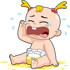 Cute Baby Girl Cartoon Character Crying. Vector Hand Drawn Illustration Isolated On Transparent Background
