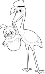 Outlined Stork Delivering A Baby Girl Cartoon Characters. Vector Hand Drawn Illustration Isolated On Transparent Background