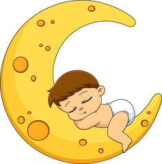 Cute Baby Boy Cartoon Character Sleeps On Moon. Vector Hand Drawn Illustration Isolated On Transparent Background