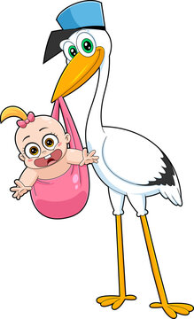 Stork Delivering A Baby Girl Cartoon Characters. Vector Hand Drawn Illustration Isolated On Transparent Background