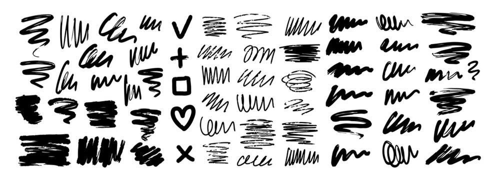 Collection of black abstract brush strokes, lines, signs, squiggles and swirls. Vector hand-drawn illustration isolated on white background. Perfect for decorations and various designs.